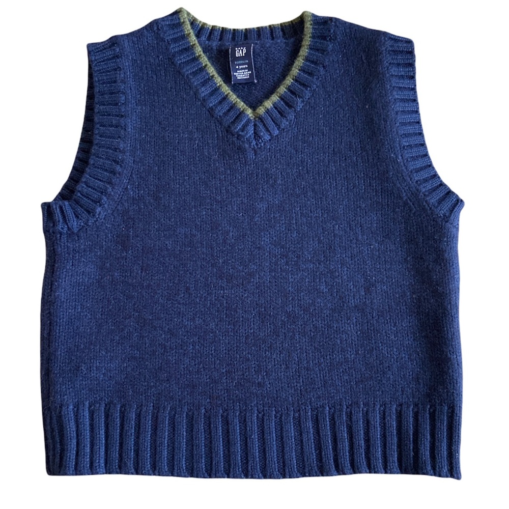 Baby Gap Vest Navy Blue Soft Wool Blend V Neck Sage Green Trim Size 4